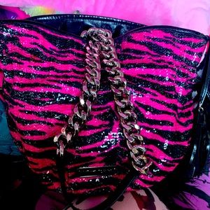 Betsey Johnson zebra Pink Black animal print sequin purse
